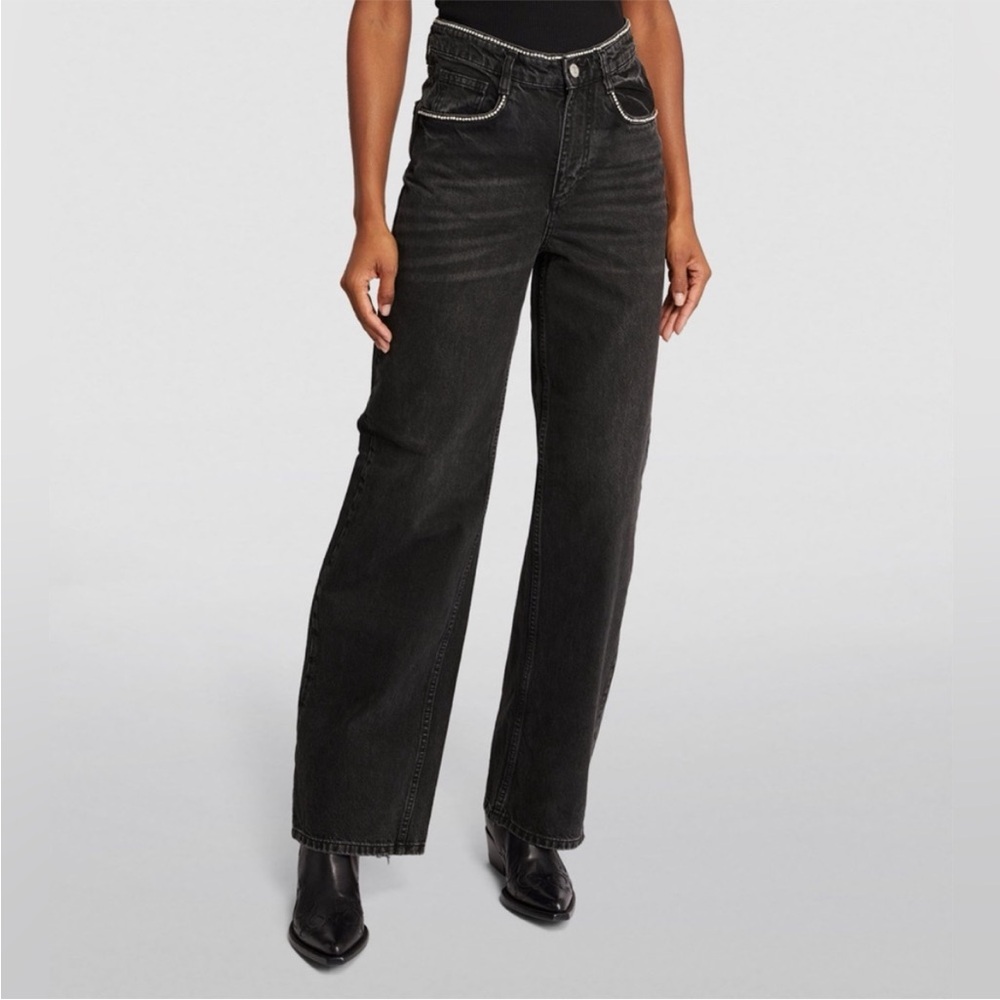 Maje “Diamond” Black Wide Leg Jeans w Rhinestone Trim